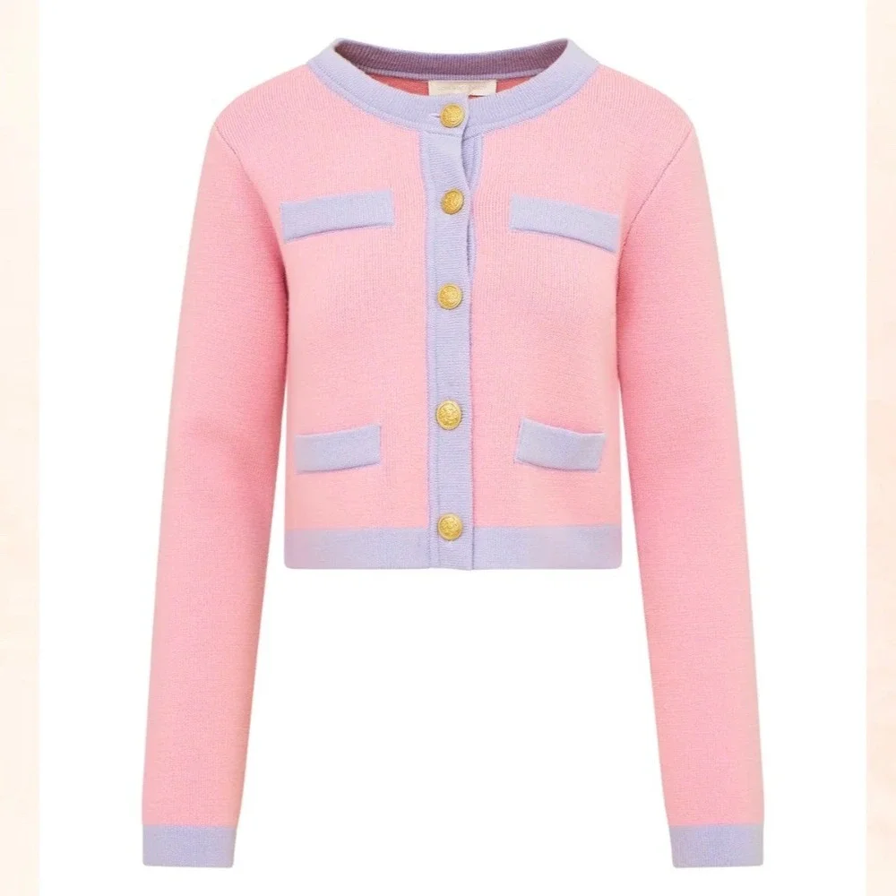LoveShackFancy Elif Cardigan Sweater Pink Lavender 100% Wool Gold Button Women M